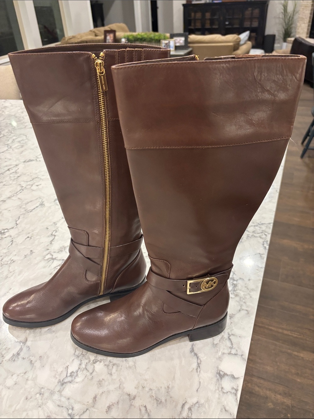 Michael Kors Dark Brown Leather Knee Boots with Gold-Tone Buckle